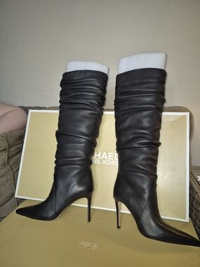 Michael Kors Black Leather Slouch Knee-High Stiletto Boots